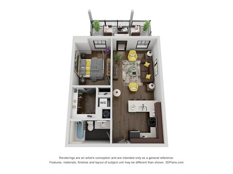 a stylized floor plan with a bedroom and a living room